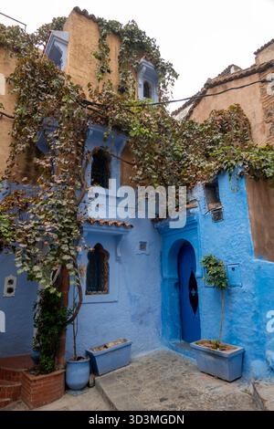 Ein fesselnder Blick auf die malerischen, engen Gassen von Chefchaouen, Marokko. Die ikonischen Gebäude sind in atemberaubenden Blau- und Weißtönen getaucht Stockfoto