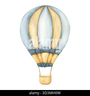 Heißluftballon. Aquarell handgezeichnete Illustration eines Heißluftballons in blauen und beigen Farben. Luftschiff im Vintage-Stil zeichnen. Heißluftballon f Stockfoto