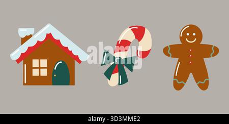 Handgezeichnete flache Weihnachtsbonbons mit Lebkuchenhaus, Zuckerrohr und Keksmann. Festliche Vektor-isolierte Illustration. Stock Vektor