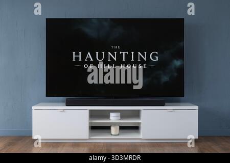 Ein Breitbild-OLED-Fernseher mit einem Trailer zur TV-Serie The Haunting of Hill House, der in einem modernen Wohnzimmer zu sehen ist. Stockfoto