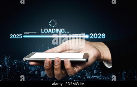 Visualisierung der Verschiebung von 2025 auf 2026. Fortschrittsbalken symbolisiert Fortschritt, strategische Vorausschau, jährliche Zielsetzung und Unternehmenstransformation Stockfoto