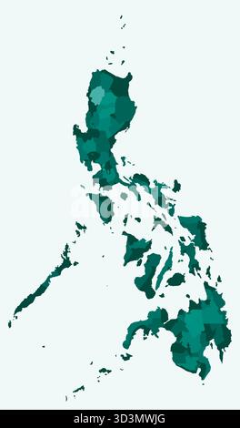Karte der Philippinen mit Regionen. Eine einfache Ländergrenzkarte mit regionalen Unterteilungen. Farbpalette Petrol. Stock Vektor