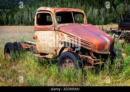 Ein abgenutzter Ford 2-Tonnen-Pritschenwagen aus der Mitte der 1940er Jahre steht auf einem grasbewachsenen Feld, seine verrostete Karosserie und verblasste Farbe tragen die Spuren jahrzehntelanger Witterungseinflüsse. Stockfoto