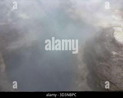 Geothermischer Dampf steigt aus einem Abfluss in Whakarewarewa, einem aktiven Māori-Dorf in Rotorua, Neuseeland, das für sein kulturelles Erbe und sein natürliches Erbe bekannt ist Stockfoto