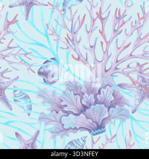 Nahtloses Meeresmuster mit Muscheln, Korallen, Seesternen und Algen. Handgezeichnete Aquarellillustration. Unterwassertierhintergrund für Stoff Stockfoto
