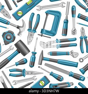 Vector Work Tools nahtloses Muster, dekorativer Hintergrund mit Sammlung von fliegenden blauen Arbeitsgeräten zum Einwickeln von Papier Stock Vektor
