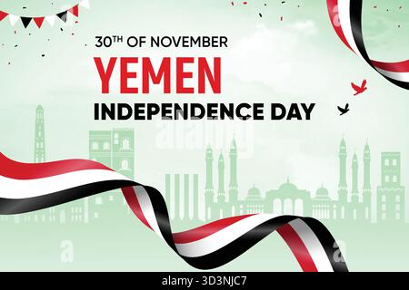 Jemen Flagge Winkt Auf Skyline Hintergrund. Unabhängigkeitstag Konzept Design Vektor Illustration. Stock Vektor
