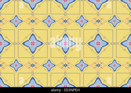 Pixel Kunst Blume auf gelbem Hintergrund Hintergrund Hintergrund orientalische nahtlose Muster.Ornament. Ethnische Einrichtung. Geometrisches Ornament. Nahtloses Vektormuster. Stockfoto