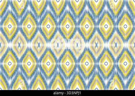 Nahtloses Ikat-Muster-Konzept blau und gelb. Nahtloses Webmuster im Ikat-Stil. Design für modische Textur, Stoff, Kleidung, Verpackung, Teppich. Stockfoto