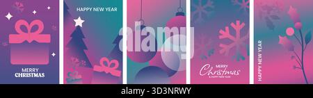 Frohe Weihnachten und Neujahr roter Hintergrund mit weißem Baum, Schneeflocken, Geschenken, transparenten Kugeln und Konfetti Stock Vektor