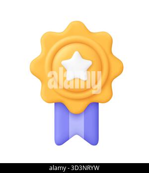 Goldmedaille mit weißem Stern und lila Band. Unternehmen, Bildung, Wettbewerb, Leistung, Erfolg, Premium-Qualität, Sport und Auszeichnung. Stock Vektor
