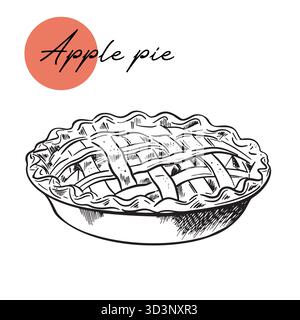 Handgezeichneter ganzer traditioneller Apfelkuchen-Skizze. Süße Bäckerei, Obst. Seitenansicht. Illustration zum Backen von Vektortinten. Essen für Thanksgiving, Herbst... Stock Vektor