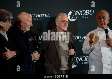 Rom, Italien. November 2025. In Rom, Italien, am 6. November 2025, haben Nobus drei Gründer, Meir Teper, Robert de Niro und Chefkoch Nobu Matsuhisa nehmen an der Eröffnung des Nobu Hotels im Nobu Hotel Rome teil. (Foto: Luca Carlino/NurPhoto) Credit: NurPhoto SRL/Alamy Live News Stockfoto