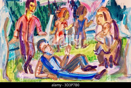 Ernst Ludwig Kirchner – Picknick – 1922 – in der Arbeit wird ein auf dem Boden liegender Mann gezeigt, während eine Frau in der Nähe steht. Auch Kinder sind sichtbar, die an verschiedenen Aktivitäten teilnehmen. Die Verwendung lebendiger, kontrastierender Farben sorgt für eine dynamische und lebendige Szene. Der Stil ist charakteristisch für die deutsche Expressionismusbewegung und die Künstlergruppe die Brücke, die Kirchner mitbegründete. Das Werk ist auch unter dem Titel „Picknick“ bekannt. Stockfoto