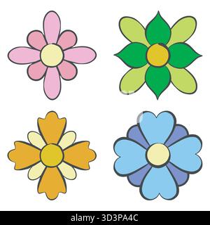 Blume Gänseblümchen-Icon-Set, lineare, farbenfrohe, dekorative, isolierte Form-Kollektion, handgezeichneter Pinselstift, flaches Doodle-Design, schwarze Tintenmarkierungslinie Stock Vektor