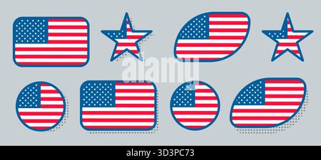 Satz von vier amerikanischen Flaggensymbolen in verschiedenen Formen Vektor Stock Vektor