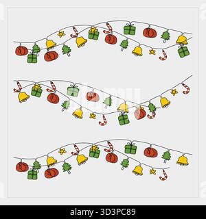 Doodle One Continuous Line Weihnachtsdekoration hängend Hand gezeichnete Sammlung. Vektor-Illustration, großartig für Weihnachtskarten. Stock Vektor