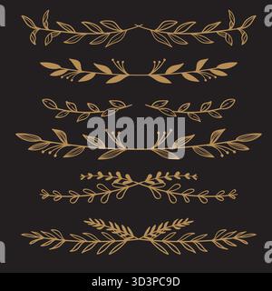 Handgezeichnete Trennblätter Mit Goldenen Vintage-Blumenblättern Und Abzweigungen Aus Der Dekorationselemente-Kollektion. Vektorabbildung Stock Vektor