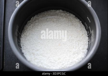 Weißer Reis in einem Reiskocher mit Wasser, bereit zum Kochen als Lebensmittelzutat in Asien Stockfoto