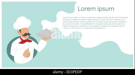 Kreative stilisierte Körperkoch mit leerem Gesicht und einem großen Schnurrbart, der eine silberne Platte hält, Pizza Vektor flache Design-Illustration mit einem hellbraunen Co Stock Vektor