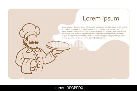 Kreative stilisierte Körperkoch mit leerem Gesicht und einem großen Schnurrbart, der ein Tablett hält, Pizzavektor flache Design-Billboard-Illustration Stock Vektor