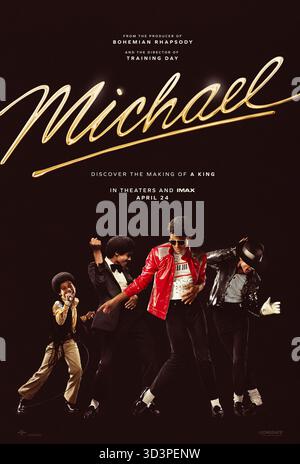 Michael (2026) unter der Regie von Antoine Fuqua mit Jaafar Jackson, Juliano Krue Valdi und Miles Teller. Das Leben und das Vermächtnis von Michael Jackson werden von seinem Aufstieg als Kinderstar mit den Jackson Five bis hin zu seiner legendären Solokarriere und persönlichen Kämpfen erforscht. US-Poster NUR FÜR REDAKTIONELLE ZWECKE. Quelle: BFA/Lionsgate Stockfoto