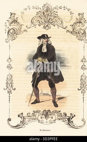 Kostüm eines Staatsanwalts des Ancien-Regimes, 18. Jahrhundert. Anwalt in schwarzer Mütze, Puderperücke, schwarzem Justaucorps, Hosen und Schnallenschuhen, mit Stock. Le Procureur. Handkolorierter Stahlstich von Pegard nach einer Illustration von Theophile Fragonard, in einer dekorativen Kartusche von Anne Modave, aus Augustin Challamels Autrefois oder Le Bon Vieux Temps, Types de 18e Siecle, Challamel et Cie, 1842. Stockfoto