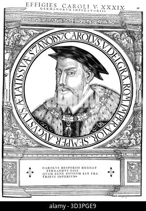 Karl V., Carlos I., Charles Quint (* 24. Februar 1500 am Fürstenhof in Gent, Burgund Niederlande, gestorben am 21. September 1558 in Cuacos de Yuste, Spanien) war Mitglied des Herrscherhauses Habsburg, Kaiser des Heiligen Römischen Reiches und als König Karl I. von Spanien, authentische, digital restaurierte Reproduktion eines Originals aus dem 19. Jahrhundert, Datum nicht angegeben Stockfoto