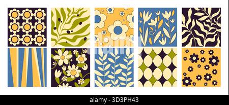 Retro-y2k-Blumenmuster mit Gänseblümchen, Blattmotiven und geometrischen Hintergründen. Streifen, botanische Elemente und niedliche Blüten in Vintage-Ästhetik. Nahtlose dekorative Kollektion. Stock Vektor