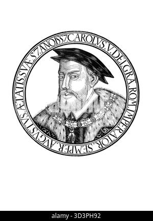 Karl V., Carlos I., Charles Quint (* 24. Februar 1500 am Fürstenhof in Gent, Burgund Niederlande, gestorben am 21. September 1558 in Cuacos de Yuste, Spanien) war Mitglied des Herrscherhauses Habsburg, Kaiser des Heiligen Römischen Reiches und als König Karl I. von Spanien, authentische, digital restaurierte Reproduktion eines Originals aus dem 19. Jahrhundert, Datum nicht angegeben Stockfoto