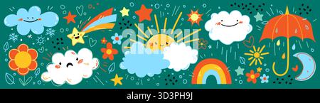 Niedliche Wetter-Ikonen mit Karikatursonnen und Wolken, Regenbogen- und Regenelementen für Kinder. Vektor lächelnde Himmelsfiguren, farbenfroher Regenschirm, Blumen und Sterne im verspielten Doodle-Stil. Stock Vektor