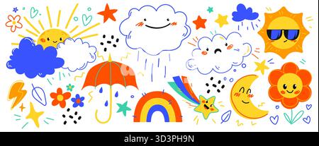 Niedliches Wetter-Set mit Zeichentrickfiguren für Sonne und Mond, Wolken, Regenbogen und Regen für Kinder. Lächelnde Himmelselemente und farbenfroher Regenschirm im handgezeichneten Doodle-Stil. Verspielter kindlicher Vektor Stock Vektor