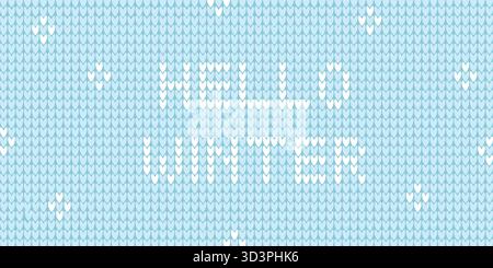 „Hallo Winter“-Banner. Kuscheliges Muster mit Strickoptik. Hellblauer Pastellhintergrund. Horizontale gestrickte Deckschablone mit Text. Vektorgrafiken Stock Vektor