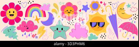 Witterungsorientierter niedlicher Kindercartoon mit lächelnden Wolken-, Sonnen- und Regenbogenfiguren - bunte Blumen und Sterne, Mond und Regenschirm auf beigefarbenem Hintergrund. Verspielte Kawaii-Aufkleber für Kinderillustrationen Stock Vektor