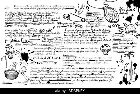 Handgeschriebener Text und Skizzen auf Papierhintergrund. Vektor-realistische Illustration von abstrakten Kritzeleien und Tintenflecken, Kursivschrift, Retro-Memoiren-Tagebuchseite, altes Notizbuch mit Notizen und Nachrichten Stock Vektor