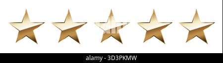 Fünf Sterne, goldene 3D-Sterne, goldene Sterne isoliert Stock Vektor