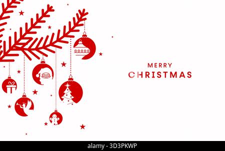 Weihnachtsgrußkarte Designschablone mit rotem Weihnachtsbaum mit hängenden Ornamenten auf isoliertem Hintergrund Stock Vektor