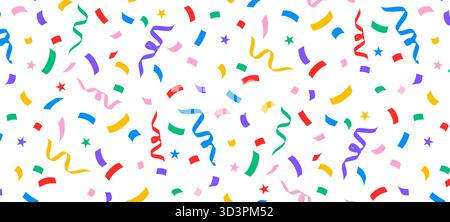 Nahtloses Konfetti-Muster auf isoliertem Hintergrund. Bunte Konfetti, Serpentinen, fallende Bänder. Feier Vektor Hintergrund für anni Stock Vektor