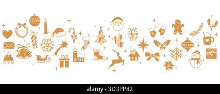Goldene Weihnachtsgrenze mit Dekorationen auf isoliertem Hintergrund. Weihnachtsbanner mit Weihnachtsmann, Weihnachtsbaum, Ornamenten, Lebkuchenkeks, Reinde Stock Vektor