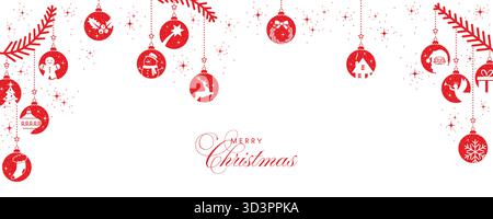 Weihnachtsgrußkarte Vektor-Design-Vorlage mit roten hängenden Weihnachtsschmuck auf Weihnachtsbaum. Weihnachtsbanner mit Weihnachtsbällen und Urlaub Stock Vektor