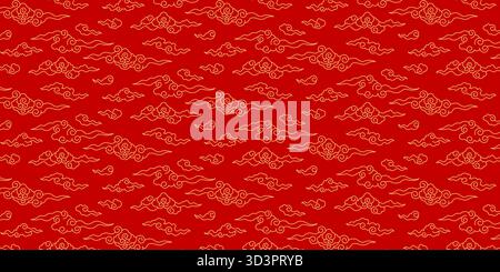 Chinesischer Vektor-Hintergrund, nahtloses Muster des chinesischen Neujahrs mit goldenen verheißenden Wolken auf rotem Hintergrund Stock Vektor