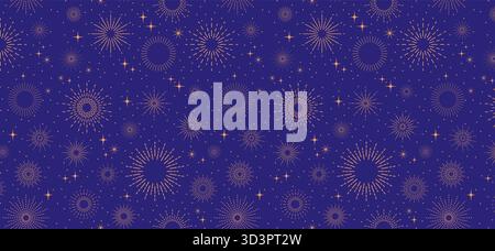 Weihnachtshintergrund mit goldenem Feuerwerk und Sternen auf blauem Hintergrund. Nahtloses Weihnachtsmuster mit Sternenhimmel für festliche Illustration, Astrologie-Ba Stock Vektor