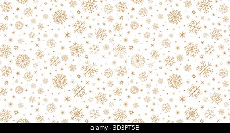 Goldene Schneeflocken im Hintergrund. Nahtloses Weihnachtsmuster mit Winterschneefall und Sternen auf weißem Hintergrund Stock Vektor