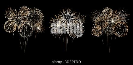 Goldenes Feuerwerk Vektorset. Sammlung realistischer goldener Feuerwerke isoliert auf schwarzem Hintergrund für Neujahrsfeierkarte, Poster, Invita Stock Vektor
