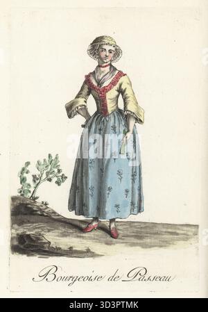 Bürgerliche Frau aus Passau, Bayern, Deutschland. In Strohhaube, Fichu, Oberteil mit großen Spitzenmanschetten, bestickten Unterröcken, Schuhen mit Schnalle, die einen Ventilator halten. Bourgeoise de Passeau. Handkolorierter Kupferstich nach einer Illustration von Jacques Grasset de Saint-Sauveur aus Sylvain Marechals Kostümen civils actuels de tous les peuples connus, dessines d'Apres Nature, aktuelle Bürgerkostüme aller bekannten Völker, gezeichnet aus der Natur, Chez Pavard, Paris, 1788. Stockfoto