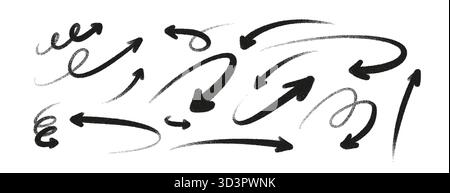 Hand gezeichneter Vektorpfeil mit rauer Pinselstruktur und Holzkohleeffekt. Abstrakte Skizzenpfeile in Schwarzweiß, isoliert auf Hintergrund. Grunge Stock Vektor