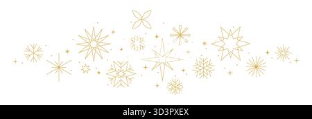 Goldene Weihnachtsdekoration auf isoliertem Hintergrund, Feiertagsgrenze mit Sternen, Schneeflocken und Feuerwerk Linien Ikonen im Wellenmuster, Festungselement Stock Vektor