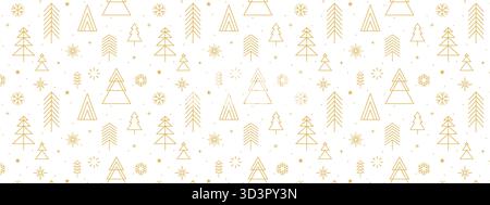 Weihnachtshintergrund mit goldenen Dekorationen, nahtloses Weihnachtsmuster mit goldenem Weihnachtsbaum, Schneeflocken, Feuerwerk und geometrischen Linien der Sterne Stock Vektor