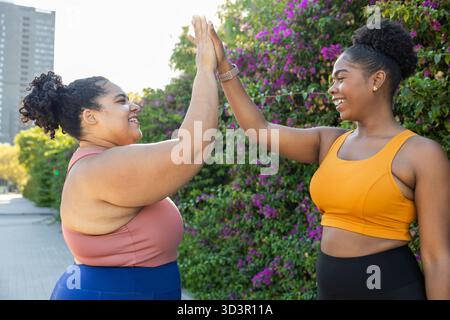 Zwei Freunde teilen sich einen High-Five nach einem erfolgreichen Lauf im Freien und strahlen Positivität und Motivation aus. Die Frauen sind in sportlicher Kleidung gekleidet und genießen es Stockfoto