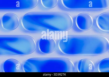 Eine lebendige 3D-Glasabbildung, die glatte, abgerundete Blasen in verschiedenen Größen zeigt. Die Blautöne und transparenten Texturen in dieser abstrakten Werbeanzeige Stockfoto
